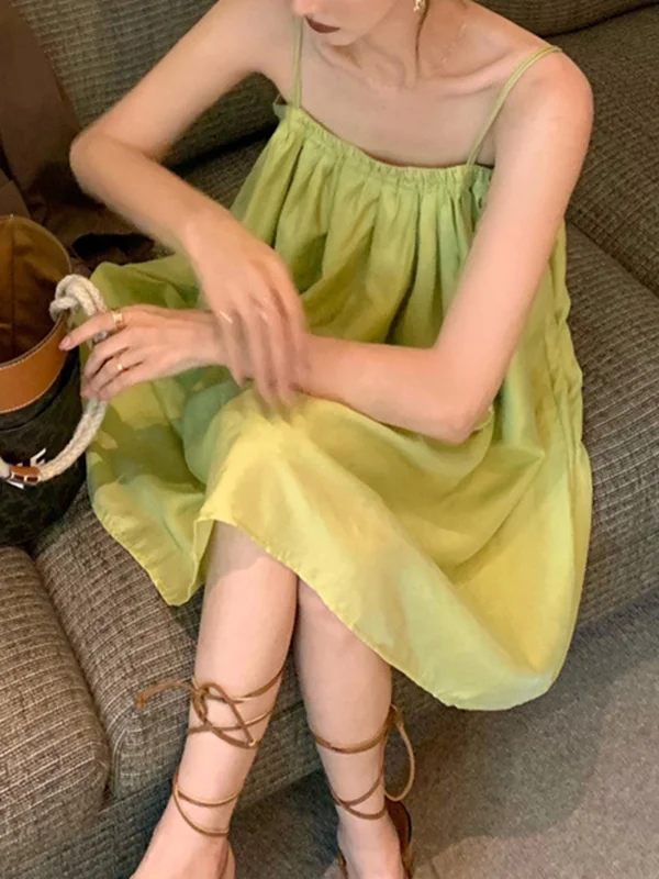 Effortless Grace: Sleeveless Pleated Spaghetti-Neck Mini Dresses - Slip into Elegance