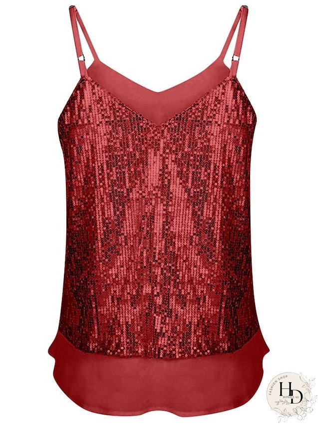 Camisole Tank Top Vest Black White Yellow Sparkly Sequins Layered Sleeveless Stage Streetwear Sexy V Neck Regular S for Women