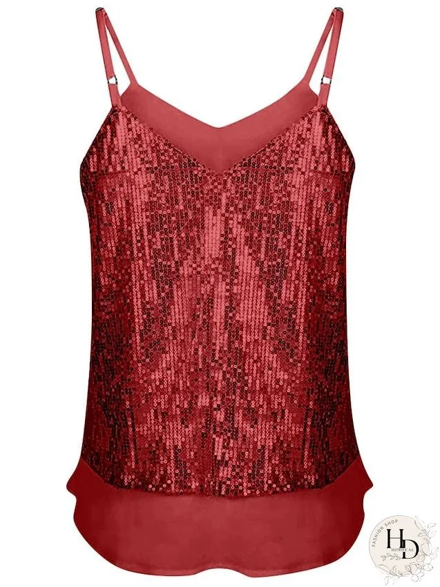 Camisole Tank Top Vest Black White Yellow Sparkly Sequins Layered Sleeveless Stage Streetwear Sexy V Neck Regular S for Women
