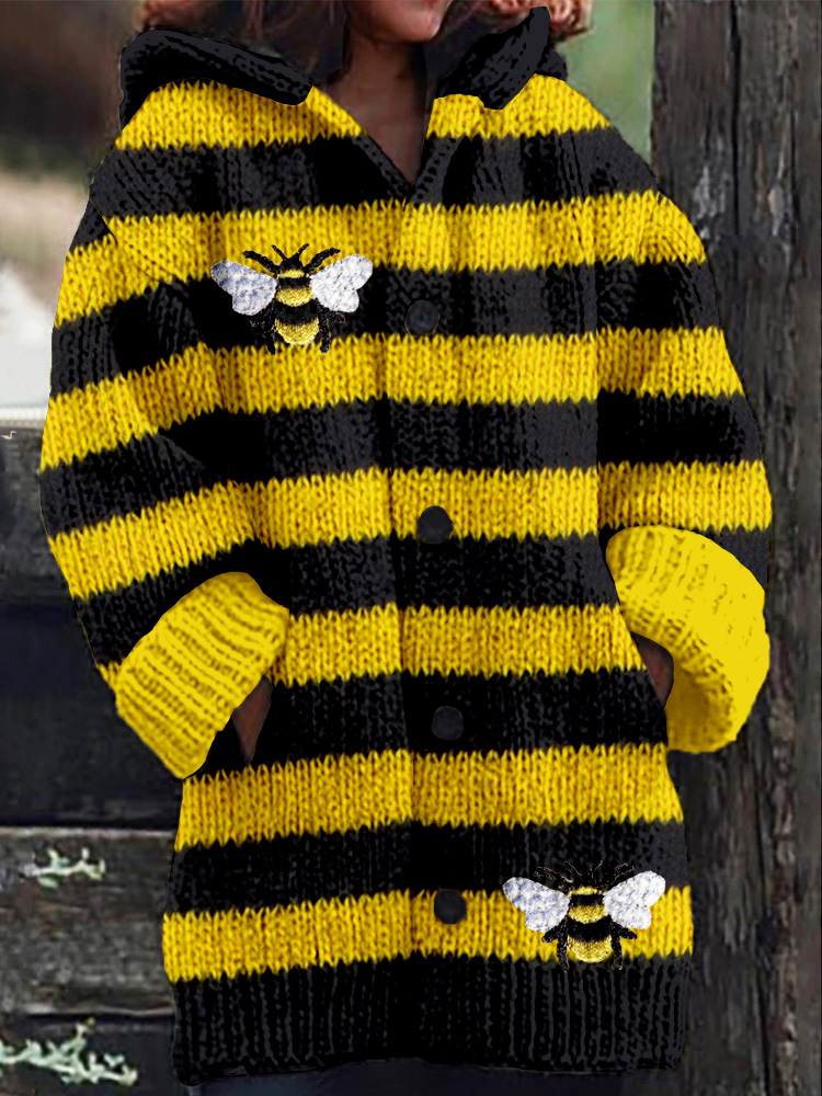 Cute Bee Inspired Vintage Stripe Cozy Hooded Cardigan