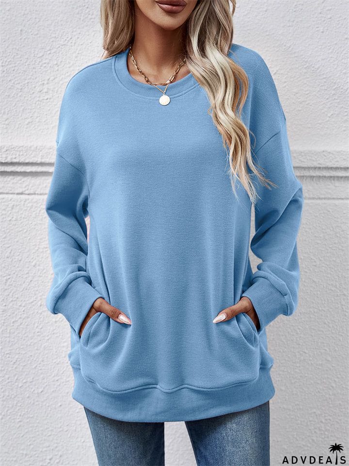 Women's Fleece Loose Round Neck Pocket Tops Hoodies