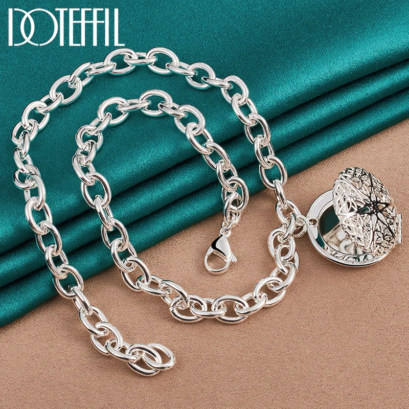 DOTEFFIL 925 Sterling Silver 18 Inch Chain Round Photo Frame Pendant Necklace For Woman Jewelry