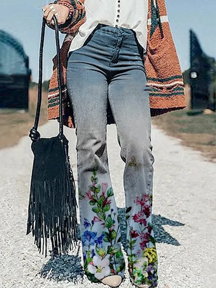 Casual High-rise Floral Pattern Flare Leg Jeans