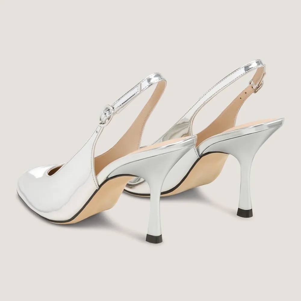 Patent Leather Round Toe Slip On Stiletto Heel Slingback Silver Pumps