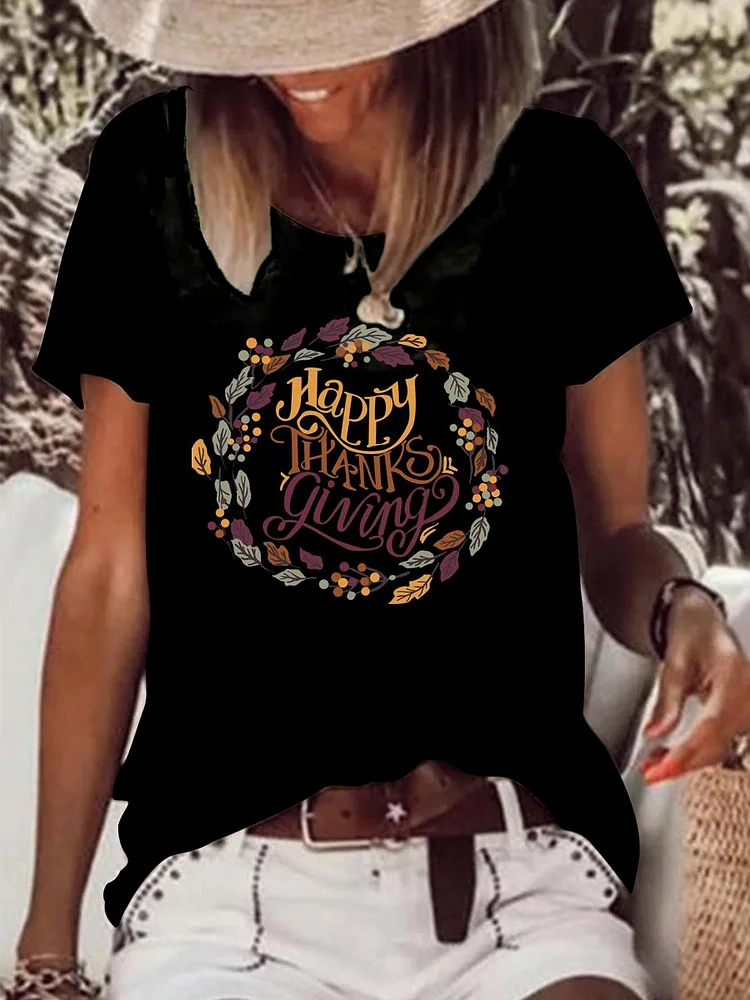 Happy Thanks Giving Day Raw Hem Tee-Annaletters
