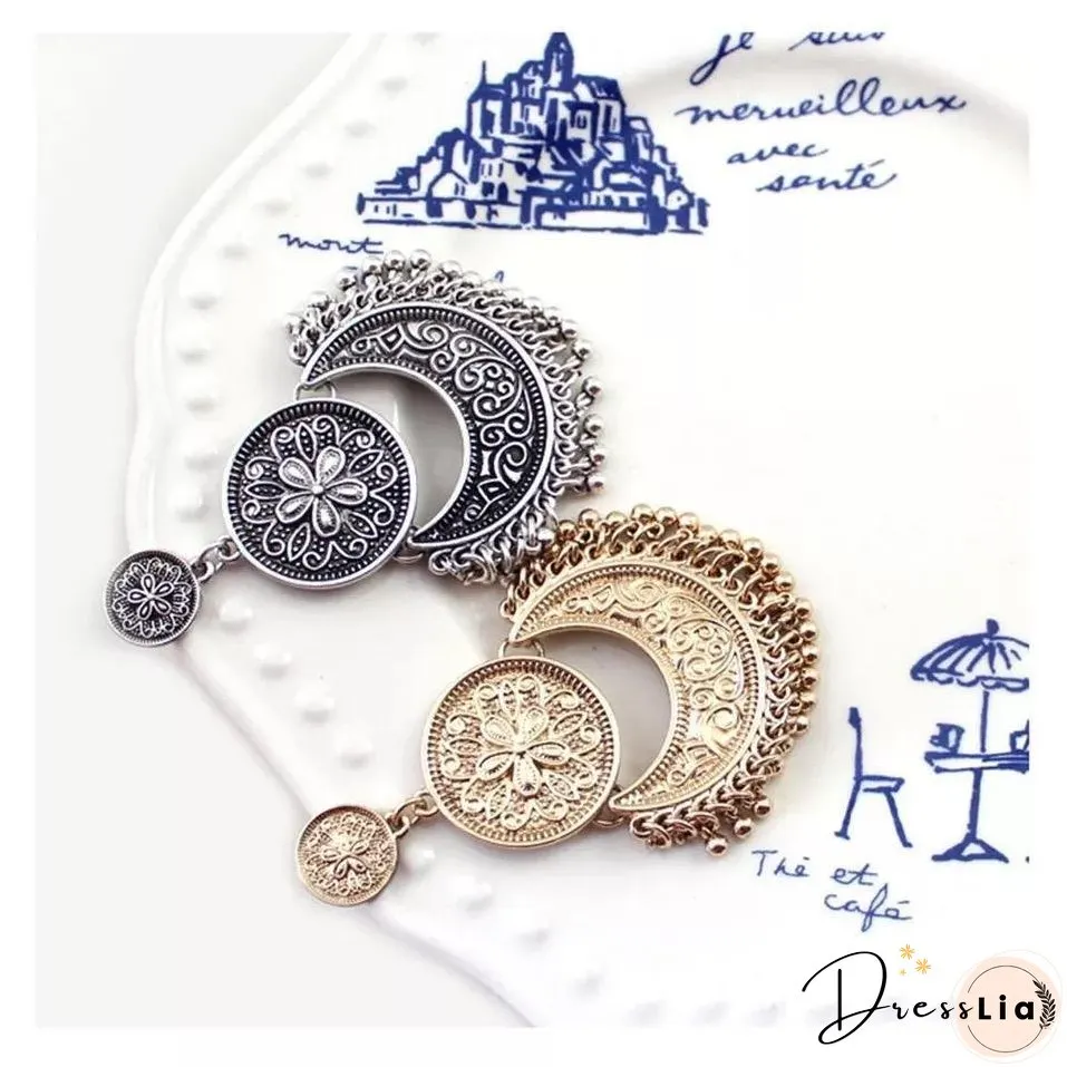 3 Colors Bohemian Indian Antique Moon Shape Carved Flower Tassels Earrings