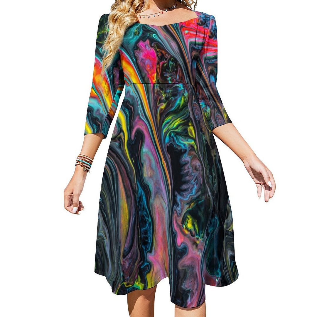 Marbled Poured Paint Dress Sweetheart Tie Back Flared 3/4 Sleeve Midi Dresses