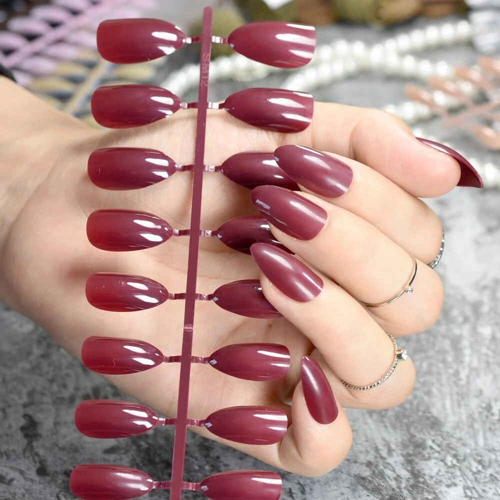 True Color Fashion Fake Nails Jujube Dark Red Stiletto Press On Nails DIY Manicure Tips Full Wrap Many colors 24pcs/kit-Nail Inspo