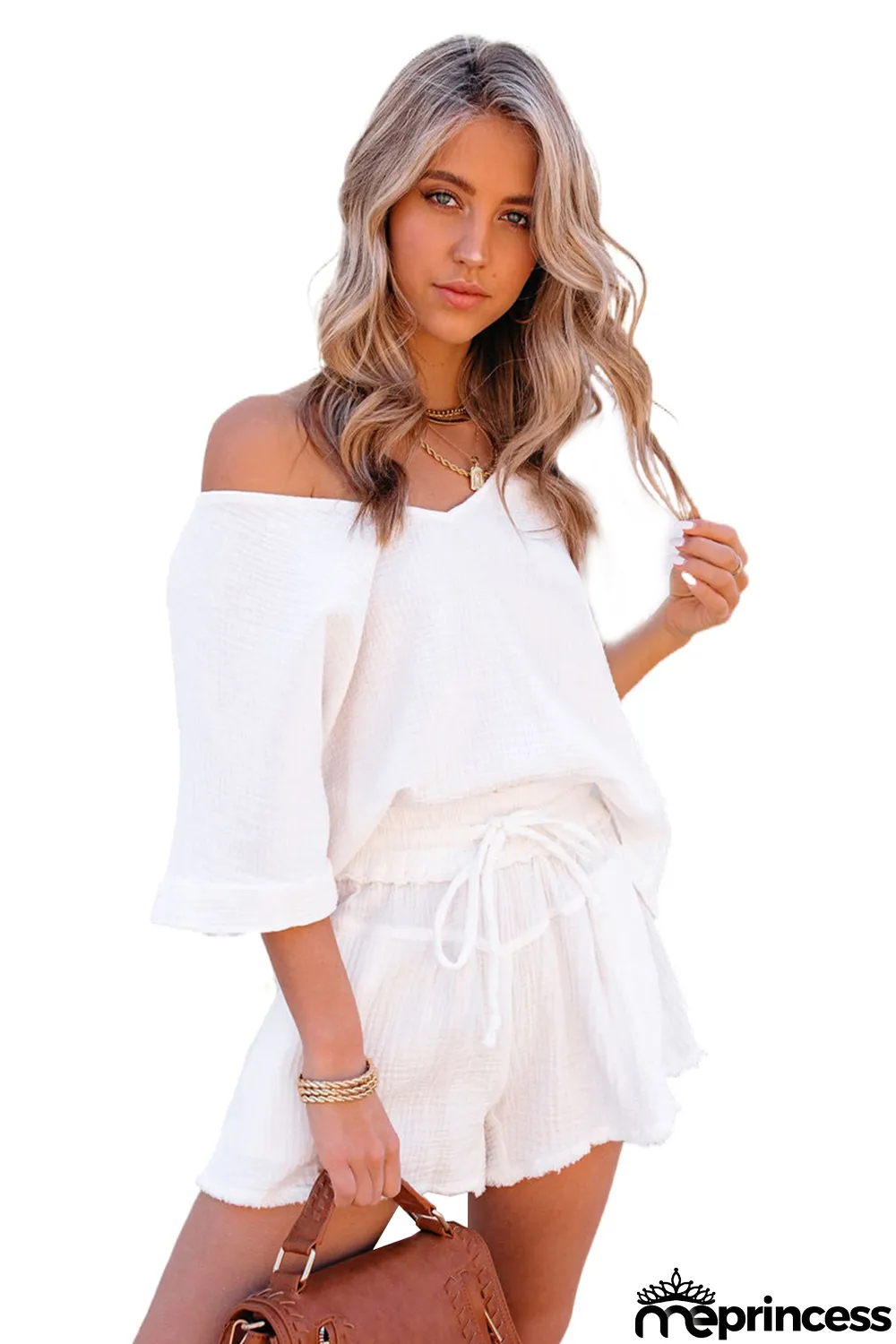White Relaxed V Neck Blouse and Drawstring Raw Hem Shorts Set