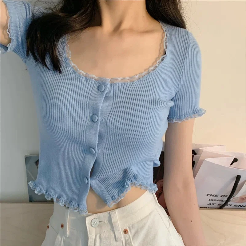 Uveng Uveng Retro Girl Soft Lace Collar Knitted Jersey High-Waisted Short-Sleeved T-Shirt Top