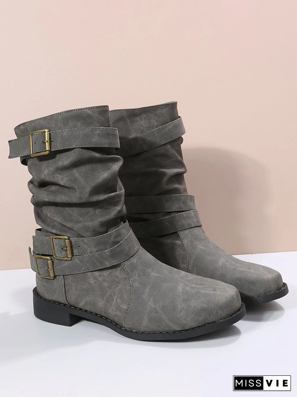 Ruched Buckle Casual Leather Booties