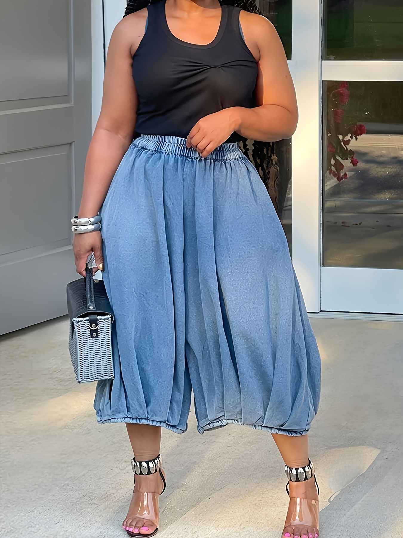 Womens Wide Leg Pants Casual Loose Elastic Waist Straight Pleated Jeans Large Size Cropped | IFYHOME