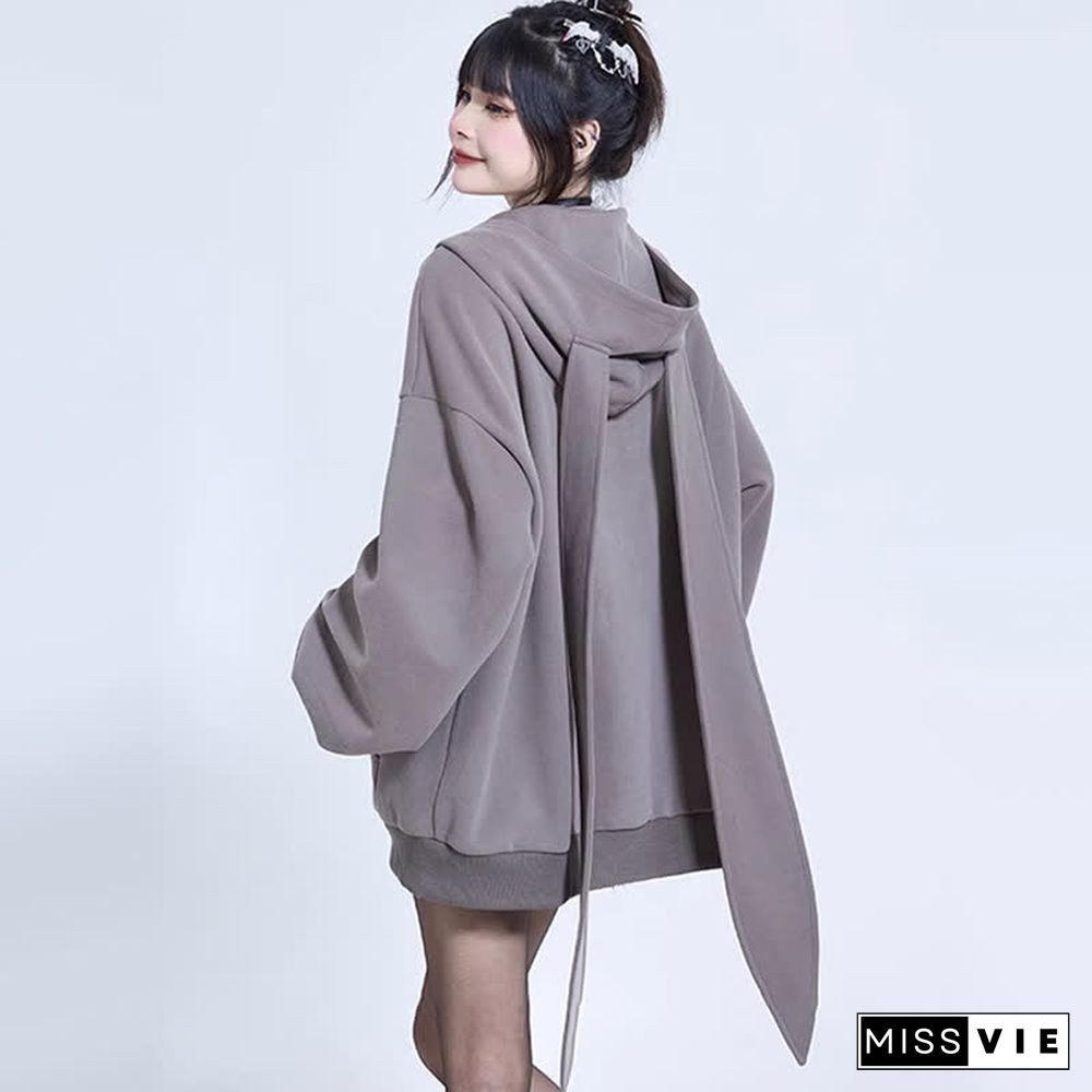 Long Bunny Ears Pocket Oversize Zipper Hooded Sweatshirt