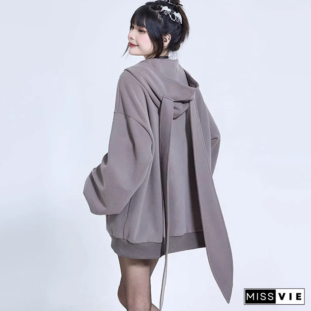 Long Bunny Ears Pocket Oversize Zipper Hooded Sweatshirt