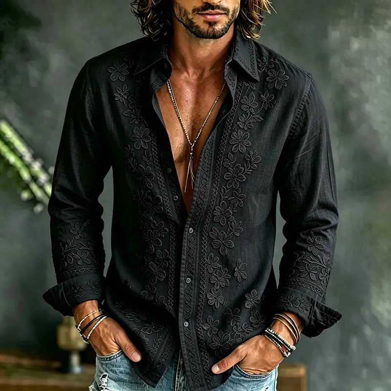 Men's Causal Spring Floral Art Print Flowy Linen Blend Shirt  artssus