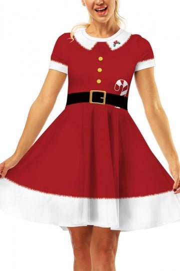 Christmas Short Sleeve Santa Print Swing Dress-elleschic