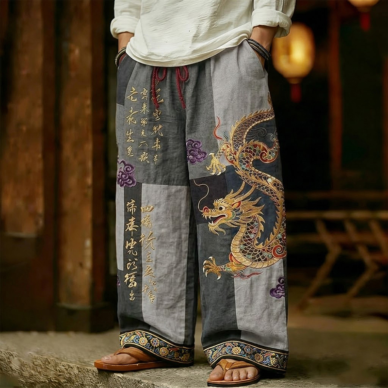 Men's Vintage Japanese Calligraphy Dragon Art Pattern Linen Blend Pants  artssus