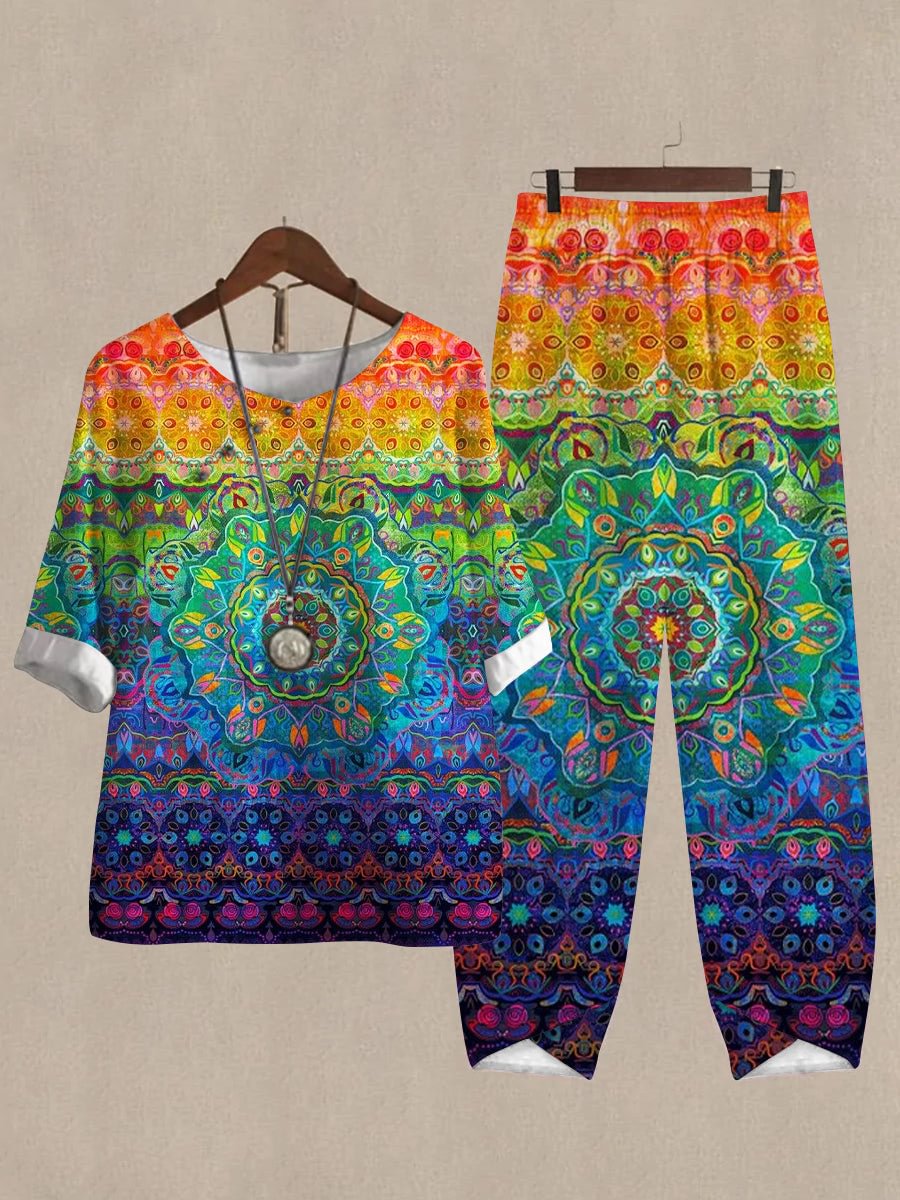 Women's Colorful Pattern Print Half Sleeve Top And Casual Pants Linen Two Pieces