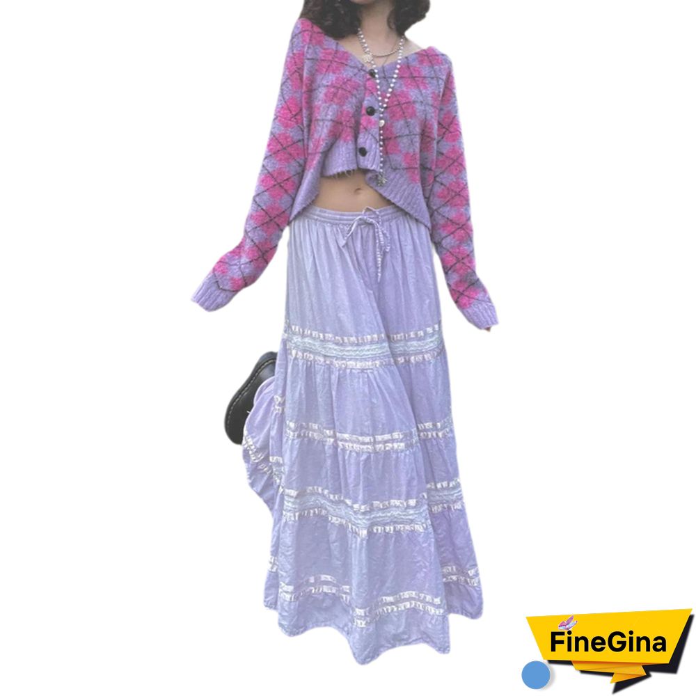 Fairy Grunge Long Skirt Aesthetic High Elastic Waist Tie Up Skirts Y2k Women Lace Patchwork Skirt Streetwear