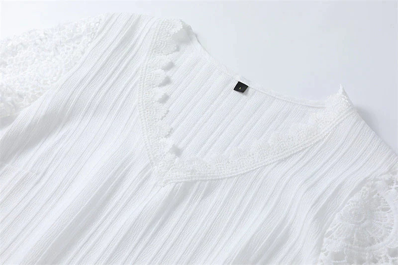 Womens Lace Shirt blouse plain black white pink long casual elegant fashion basic neck