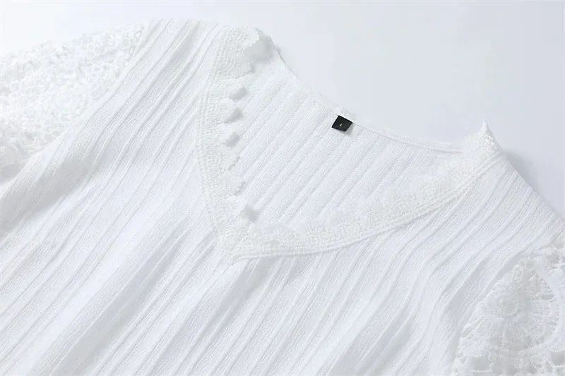 Womens Lace Shirt blouse plain black white pink long casual elegant fashion basic neck