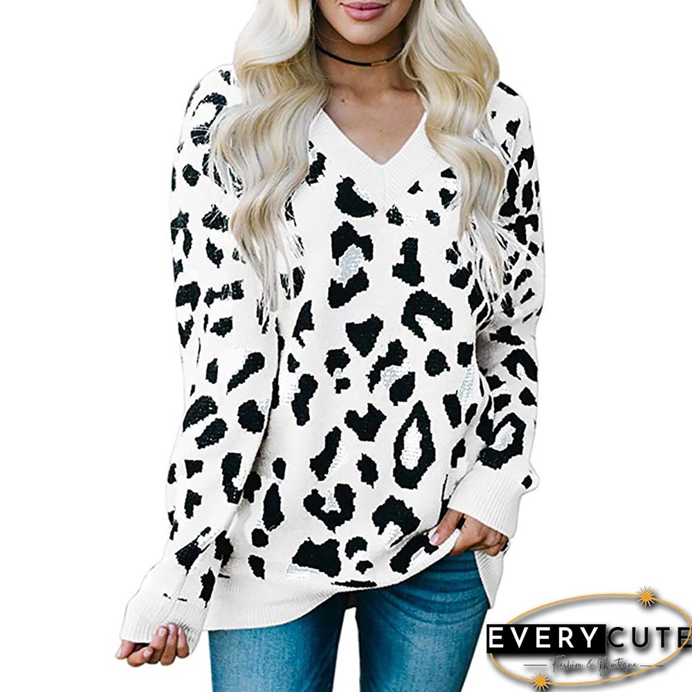 White Leopard Print V Neck Pullover Sweater