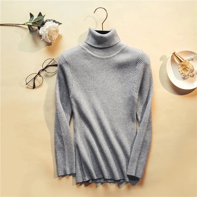 Oocharger Turtleneck Women Knitted Pullover Sweater Autumn Long Sleeve Ladies Jumper Top Casual Winter Korean Slim Basic Blouse