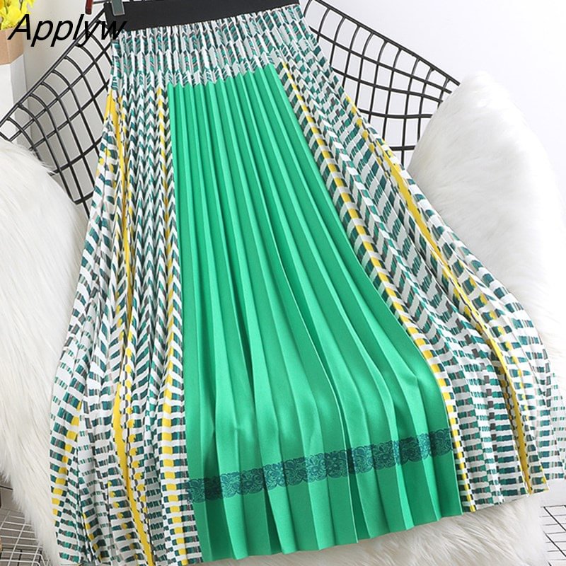 Applyw Women Pleated Skirt Ladies New Multicolor High Waist Contrast Color Autumn Casual Skirt Mid-calf Swing Long Skirt