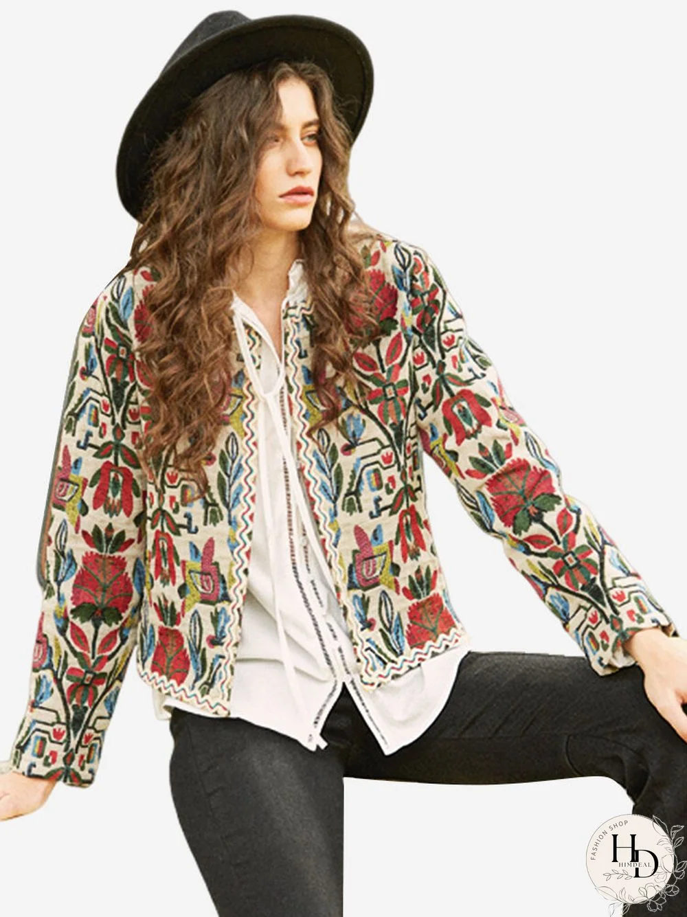 Vintage Jacquard Ruffled Neck Long Sleeve Jacket for Women