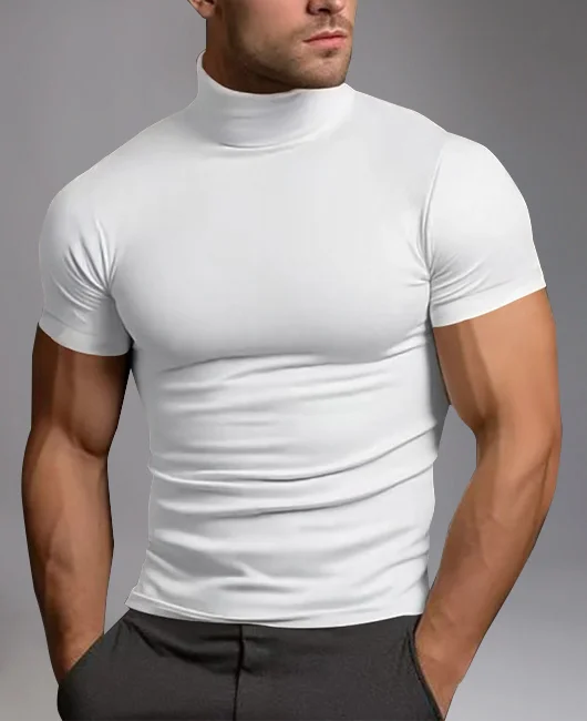Fashion Solid High Neck Short Sleeve Slim Fit T-Shirt 