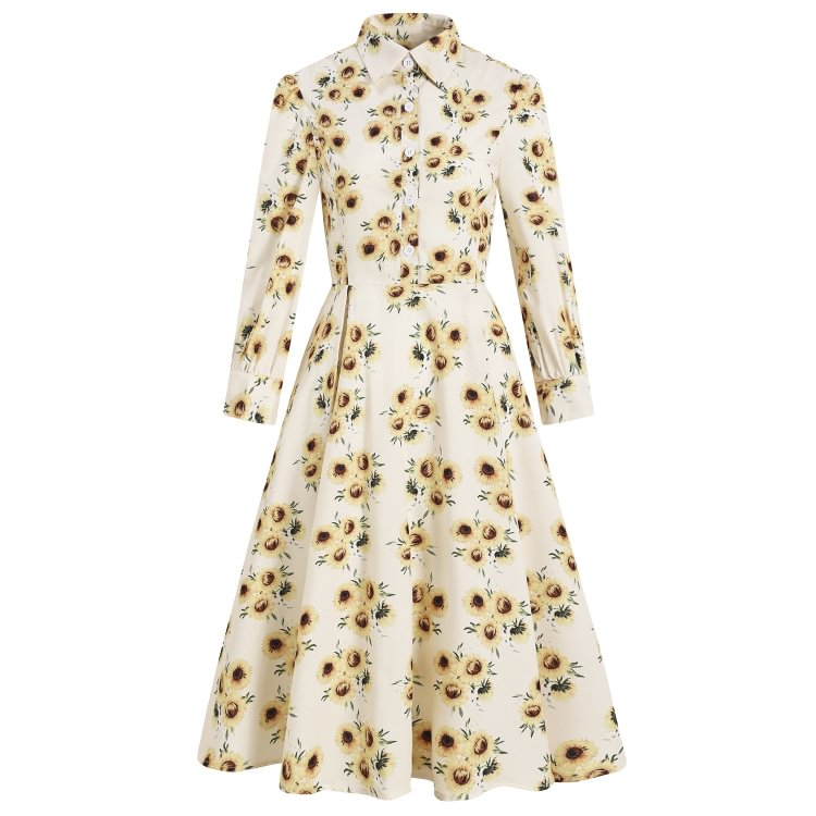 Mayoulove Vintage Shirt Dress Sunflower Print Button Lapel Collar Long Sleeve Button Dress-Mayoulove