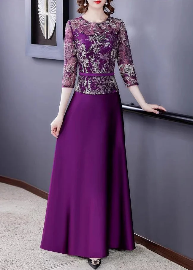 New Purple Embroideried Tulle Patchwork Maxi Dresses Half Sleeve