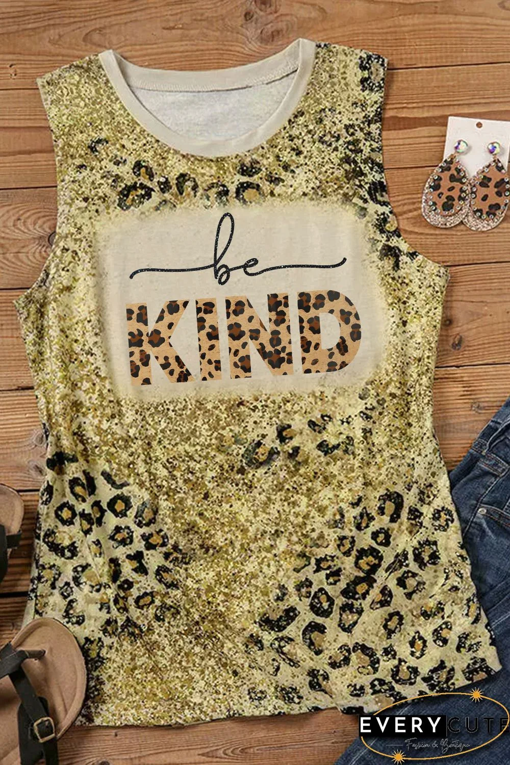 Be KIND Sparkle Leopard Print O-neck Tank Top