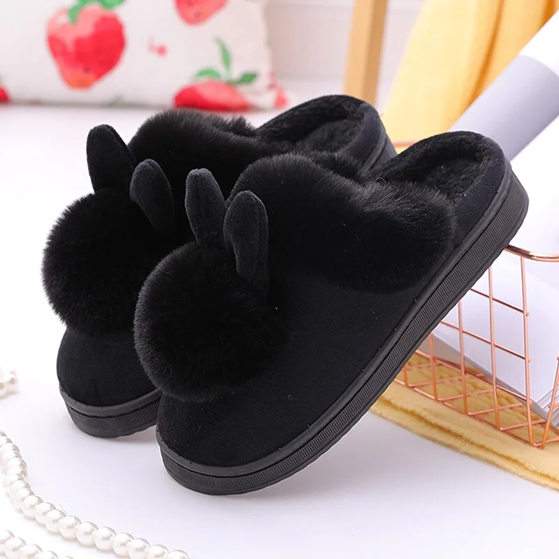 Mongw Cartoon Women Home Slippers Rabbit Ears Slip On Soft Soled Winter Warm House Shoes Women Indoor Outdoor Fur Slippers Footwear