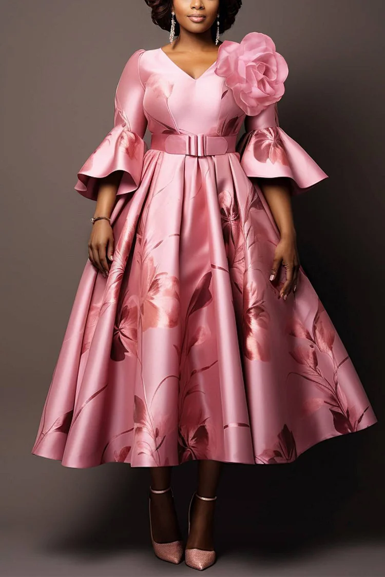 Xpluswear Design Plus Size Formal Casual Pink Floral V Neck Flare 3D Midi Dresses [Pre-Order]