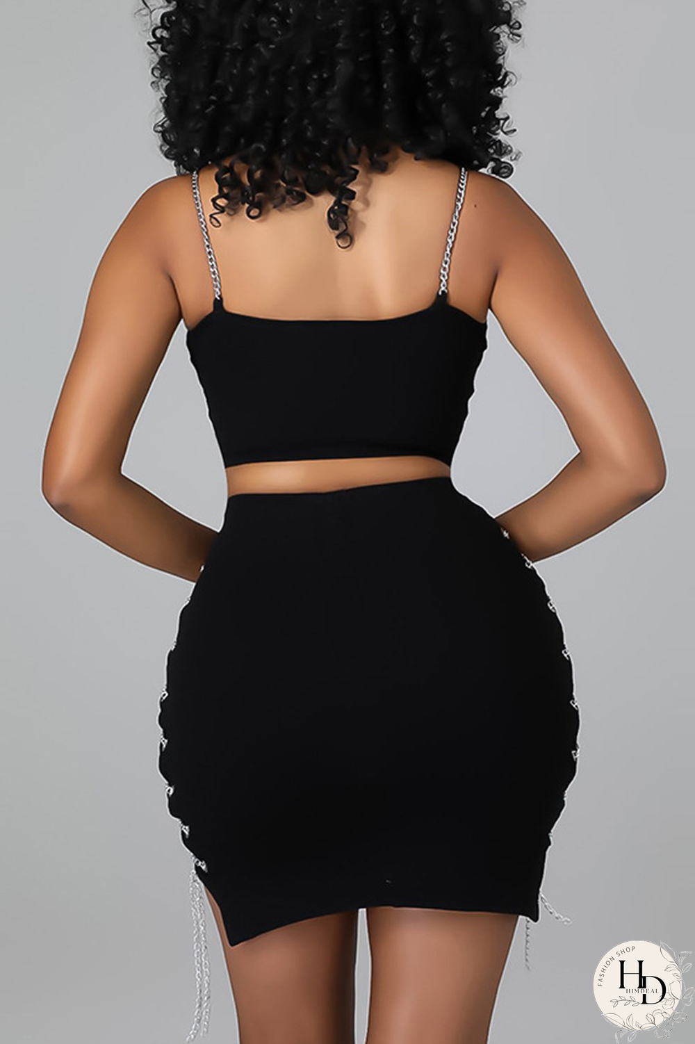 Black Sexy Solid Hollowed Out Spaghetti Strap Sleeveless Two Pieces