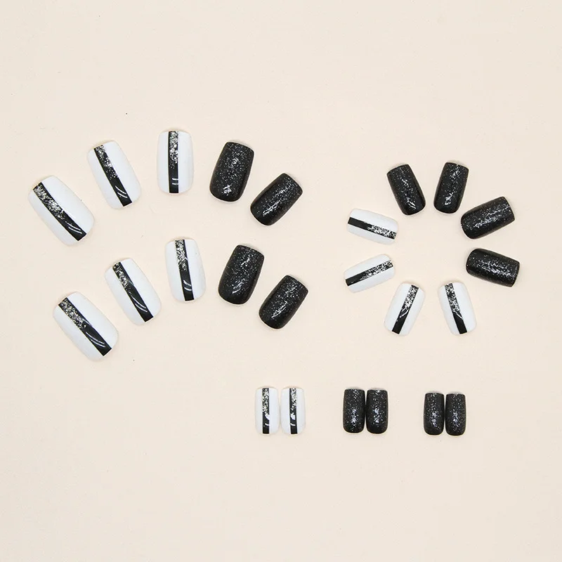 Churchf Churchf And Long European Square Black And White Double Color Beauty Nail Film Ins Wind Burst Flash Sweet Cool Fake Nails