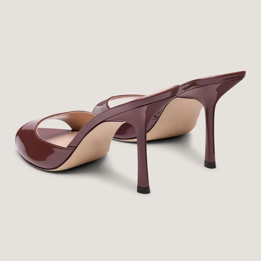 Brown Patent Leather Open Toe Slip On Stiletto Heel Mules Sandals