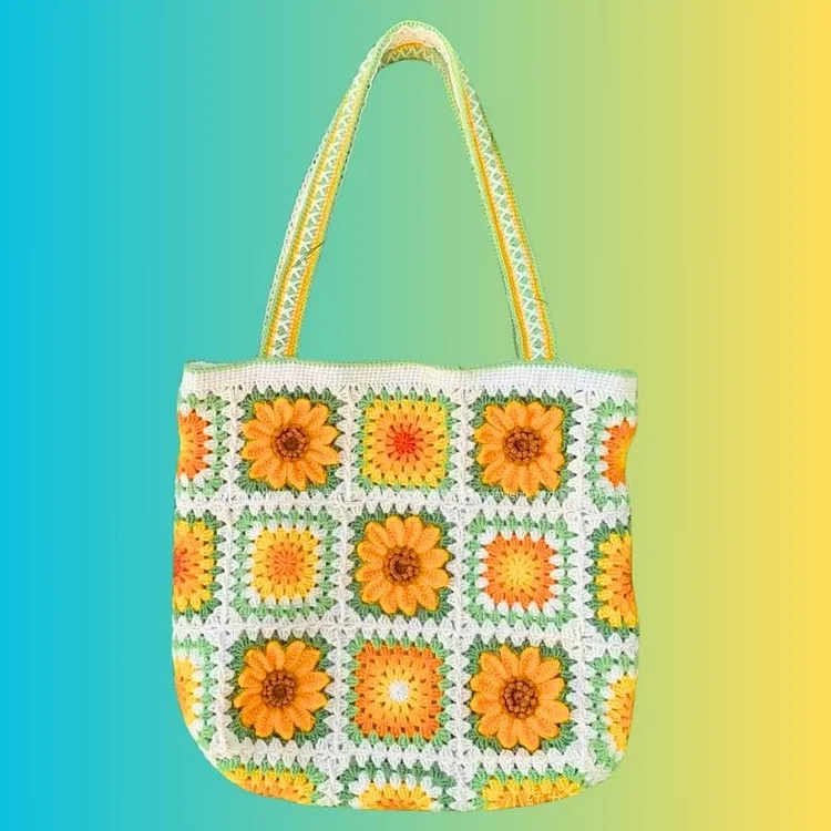 Lulusnow Handmade White 3D Sunflower Granny Square Crochet Tote Bag Shoulder Bag  Gift Christmas/Valentine's/Easter