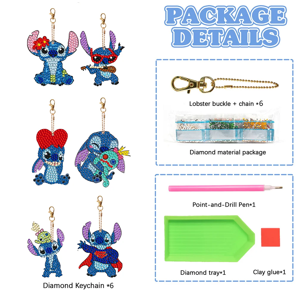 6pcs DIY Stitch Diamond Keychains Pendant Double Sided Diamond Art Keychains