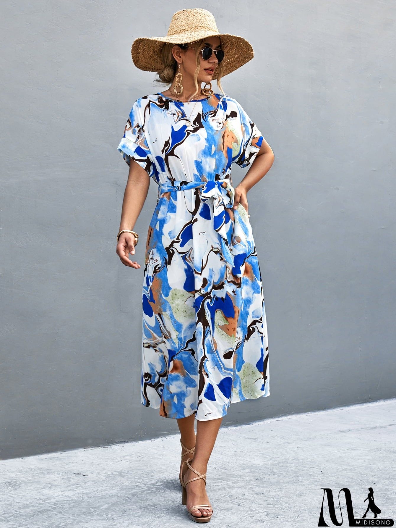 MidiSono - Round Neck Short Sleeve Tie Waist Midi Dress