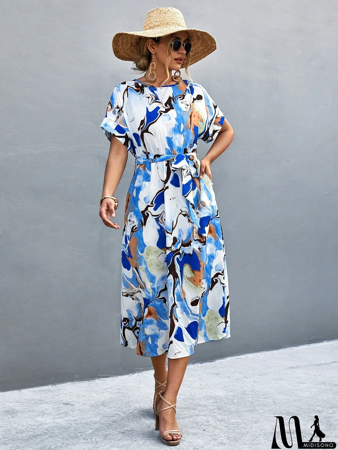 MidiSono - Round Neck Short Sleeve Tie Waist Midi Dress