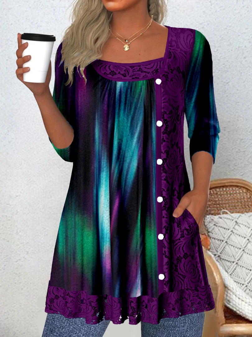 Women's Long Sleeve Scoop Neck Graphic Lace Tops