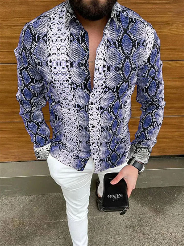 Men's Shirt Snakeskin Flip Long Sleeve Street Casual 3D Button Up Fashion Casual Beach Mens Shirt | 168DEAL