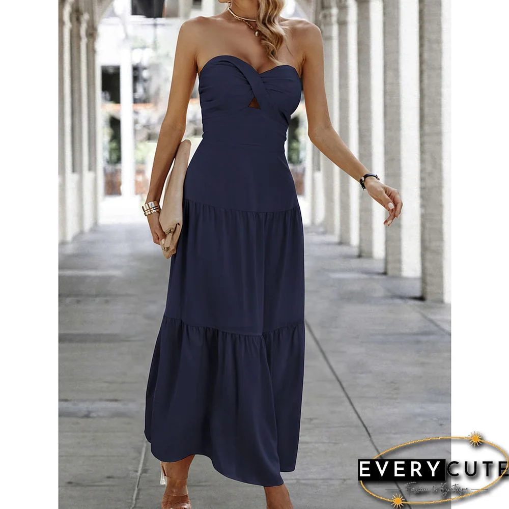 Navy Blue Twisted Bandeau Ruched Swing Maxi Dress