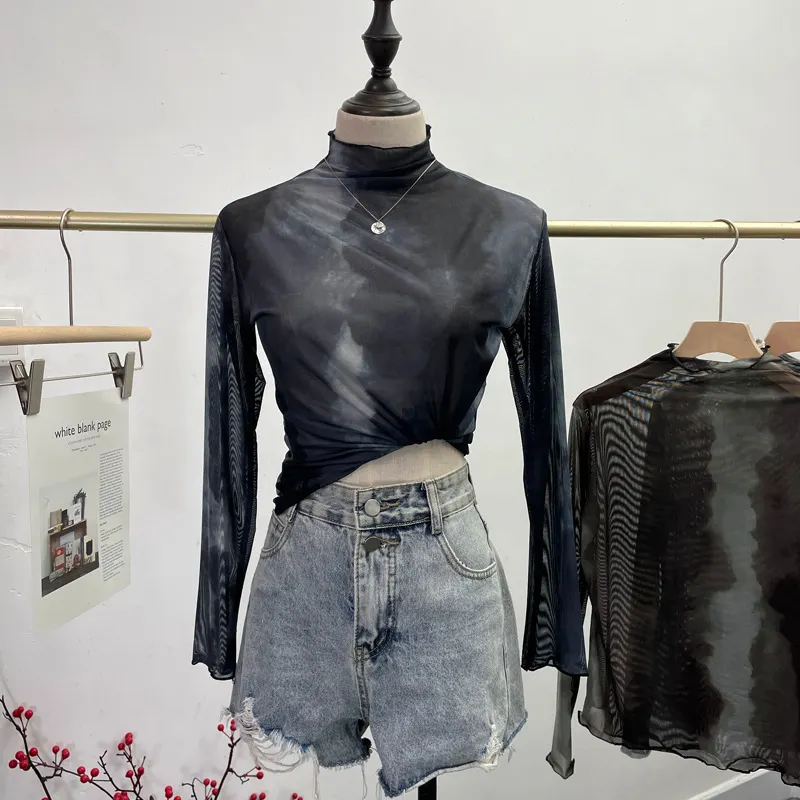 Churchf Real Shooting Wave Side Half-High Collar Net Yarn Dyed Long Sleeve Thin Inside The Bottom Shirt Autumn And Winter Folded T-Shirt 8921