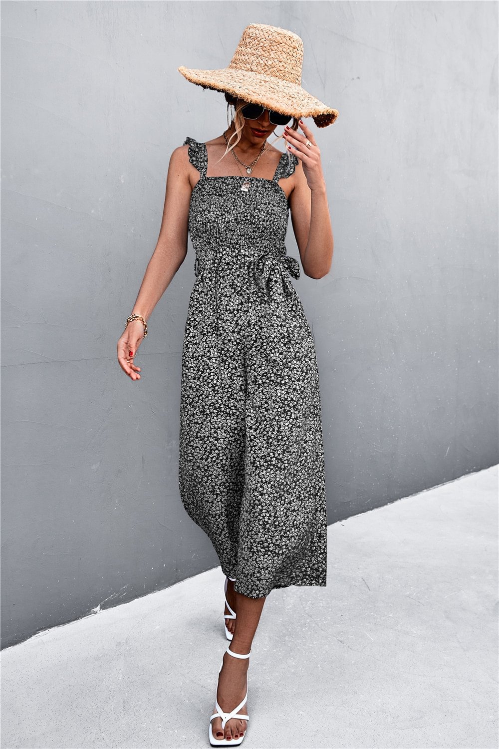 Sleeves Belt Floral Jumpsuit