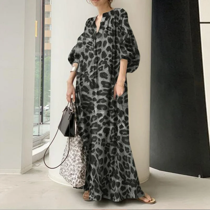 Casual Loose Leopard Print Puff Sleeve Maxi Dress