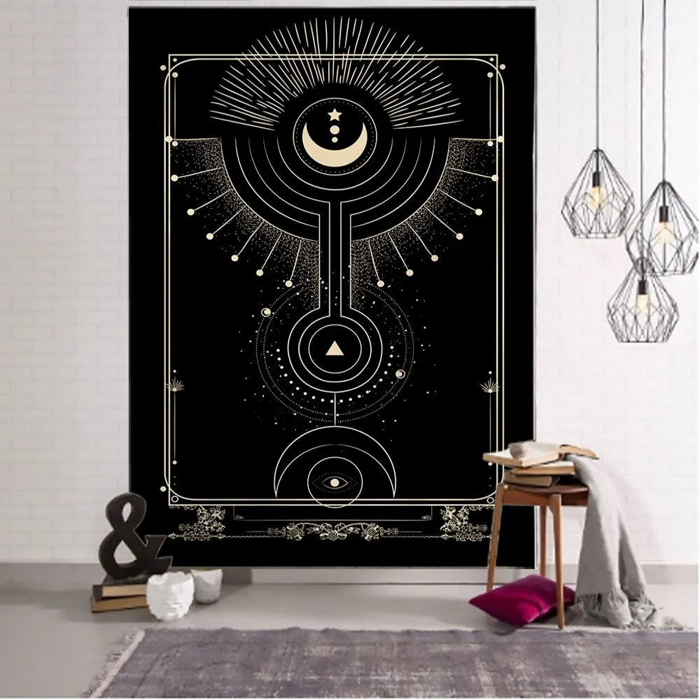Golden Black Sun Moon Tarot Mandala Tapestry Wall Hanging Witchcraft Hippie Wall Carpets Dorm Decor Psychedelic Tapestry