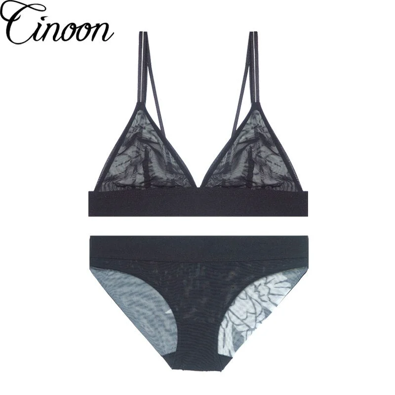 CINOON Women sexy underwear bra embroidery lingerie set thin lace bra transparent ultra-thin temptation push up bra set